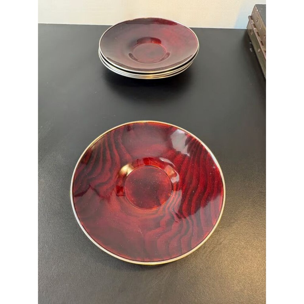 Japanese Red Lacquer Saucers Set of 3 Gold Rim Urushi Tea Coasters Chataku